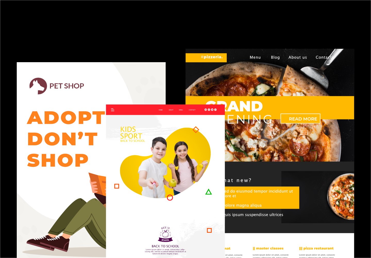 My portfolio collage, including images of my adoption site, restaurant site, and kids sports site.